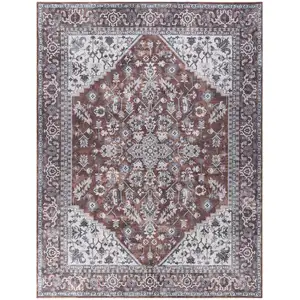 Photo of Red and Ivory Floral Power Loom Distressed Washable Area Rug