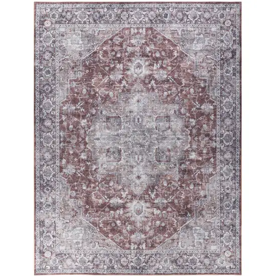 Red and Ivory Floral Power Loom Distressed Washable Area Rug Photo 1