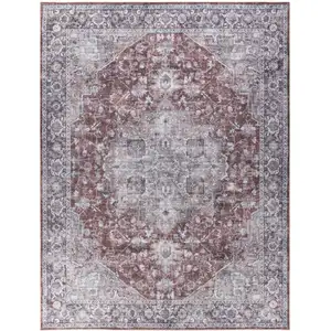 Photo of Red and Ivory Floral Power Loom Distressed Washable Area Rug