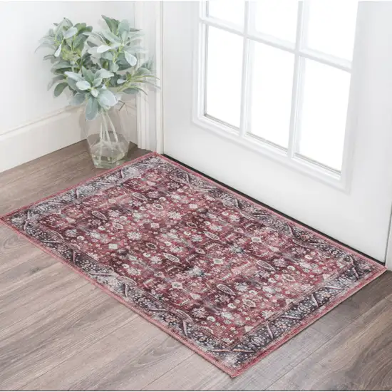 Red and Ivory Floral Power Loom Distressed Washable Non Skid Area Rug Photo 1