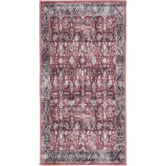 Red and Ivory Floral Power Loom Distressed Washable Non Skid Area Rug Photo 2