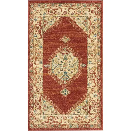 Red and Ivory Medallion Power Loom Area Rug Photo 2