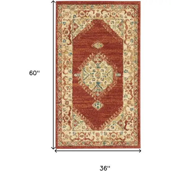 Red and Ivory Medallion Power Loom Area Rug Photo 3