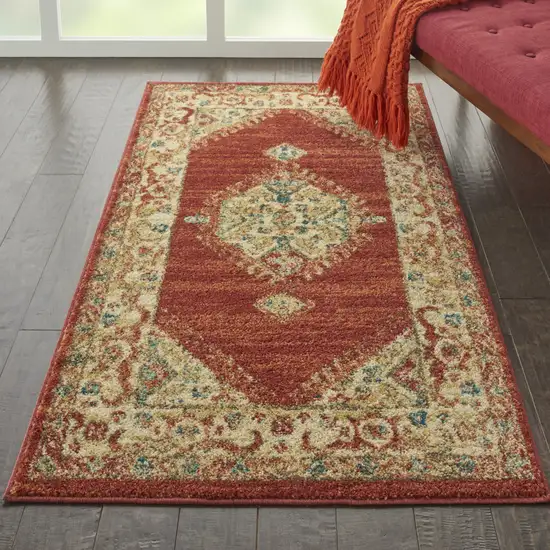 Red and Ivory Medallion Power Loom Area Rug Photo 9