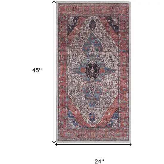 Red and Ivory Medallion Power Loom Distressed Washable Non Skid Area Rug Photo 3