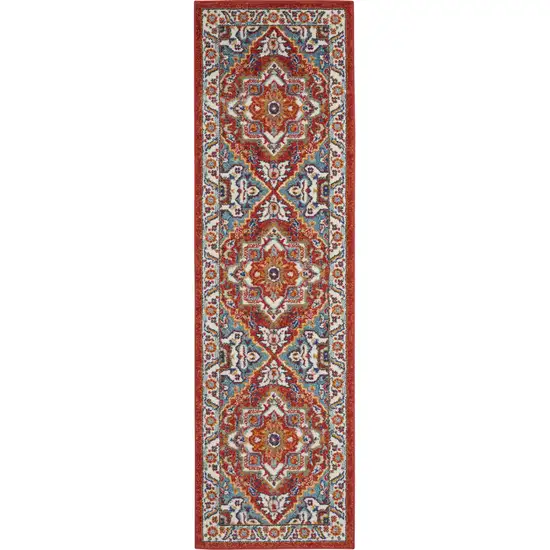 8' Red And Ivory Power Loom Runner Rug Photo 7