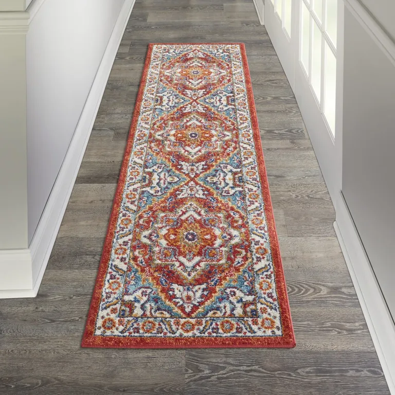 Red and Ivory Medallion Runner Rug Photo 5