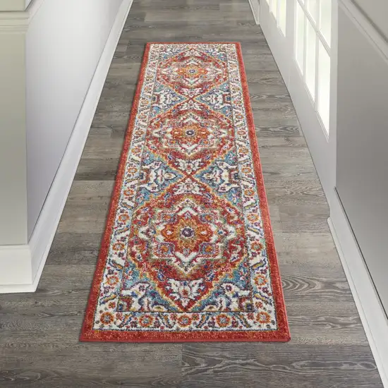 Red and Ivory Medallion Runner Rug Photo 6