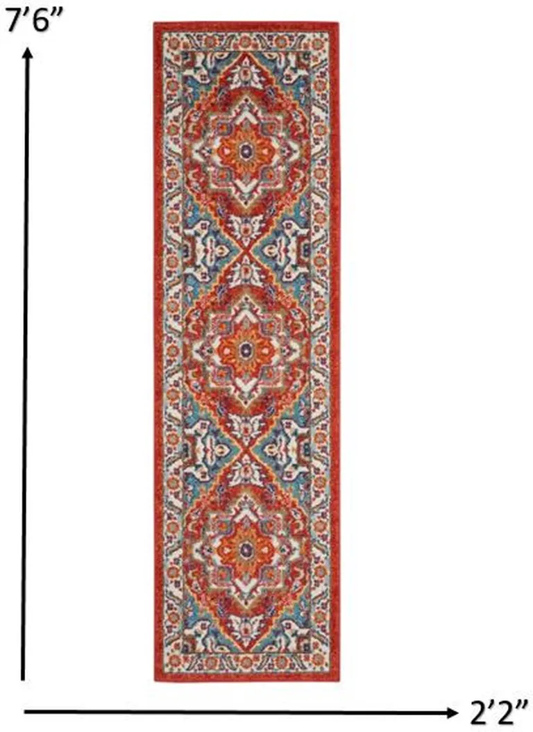 Red and Ivory Medallion Runner Rug Photo 4