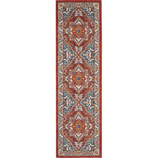 Red and Ivory Medallion Runner Rug Photo 1