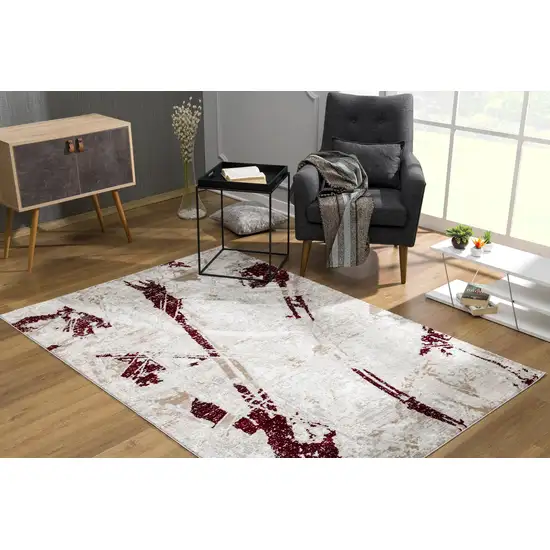 Red and Ivory Modern Distressed Area Rug Photo 1