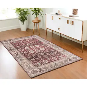 Photo of Red and Ivory Oriental Distressed Non Skid Area Rug