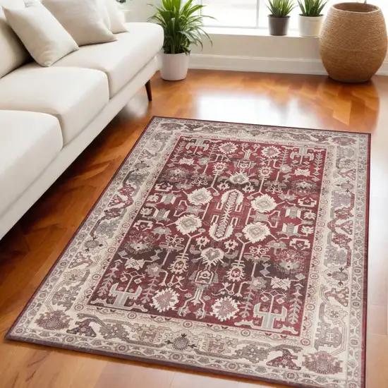 Red and Ivory Oriental Distressed Non Skid Area Rug Photo 1