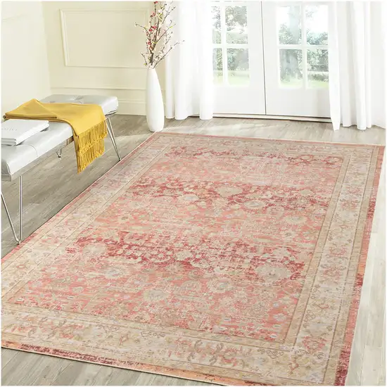 Red and Ivory Oriental Power Loom Distressed Area Rug Photo 6