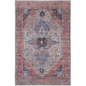 Photo of Red and Ivory Oriental Power Loom Distressed Washable Non Skid Area Rug