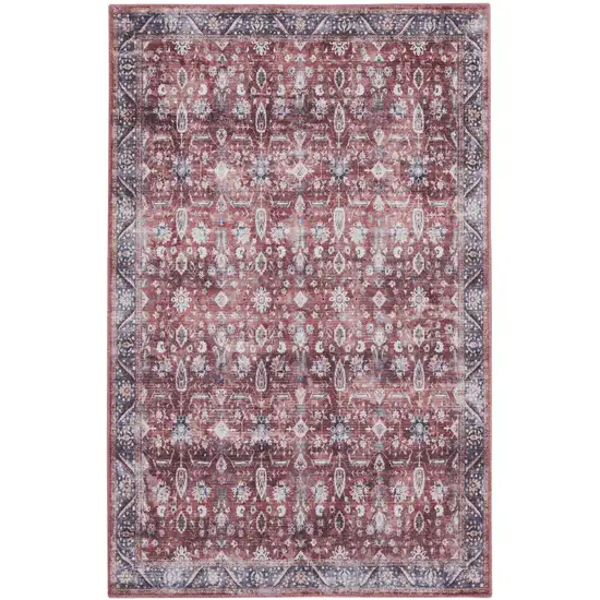 Red and Ivory Oriental Power Loom Distressed Washable Non Skid Area Rug Photo 1