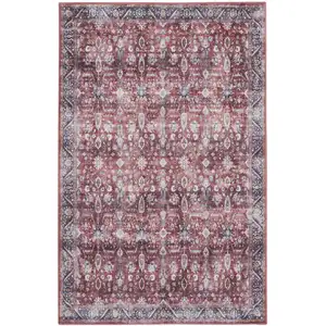 Photo of Red and Ivory Oriental Power Loom Distressed Washable Non Skid Area Rug