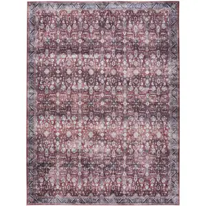 Photo of Red and Ivory Oriental Power Loom Distressed Washable Non Skid Area Rug