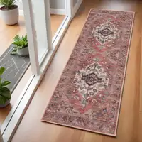 Photo of Red and Ivory Oriental Power Loom Distressed Washable Non Skid Runner Rug