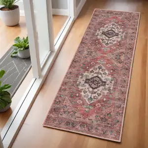 Photo of Red and Ivory Oriental Power Loom Distressed Washable Non Skid Runner Rug