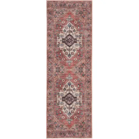 Red and Ivory Oriental Power Loom Distressed Washable Non Skid Runner Rug Photo 2