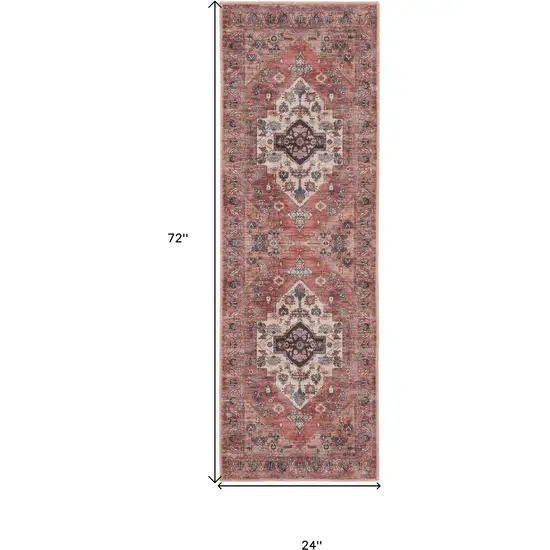 Red and Ivory Oriental Power Loom Distressed Washable Non Skid Runner Rug Photo 3