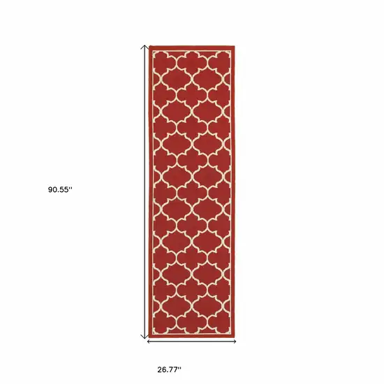 Red and Ivory Trellis Indoor Outdoor Runner Rug Photo 5