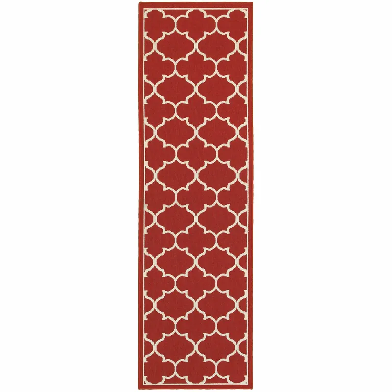 Red and Ivory Trellis Indoor Outdoor Runner Rug Photo 1