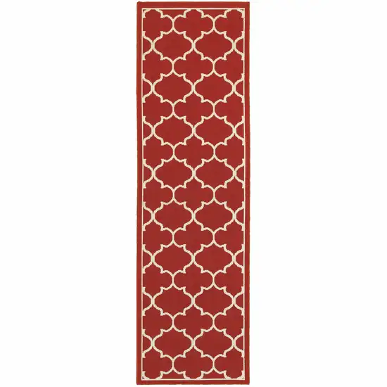 Red and Ivory Trellis Indoor Outdoor Runner Rug Photo 1