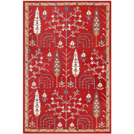 Red and Ivory Wool Floral Hand Tufted Area Rug Photo 7