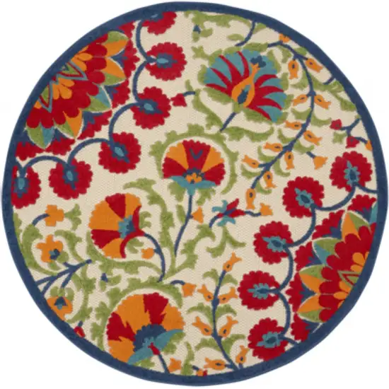 Red And Ivory Round Floral Indoor Outdoor Area Rug Photo 5