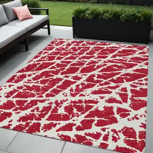 Photo of Red and White Abstract Washable Non Skid Indoor Outdoor Area Rug