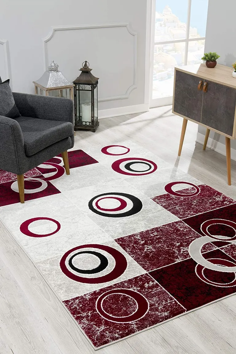 Red and White Inverse Circles Area Rug Photo 3