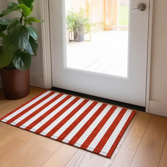 Red and White Striped Washable Non Skid Indoor Outdoor Area Rug Photo 9