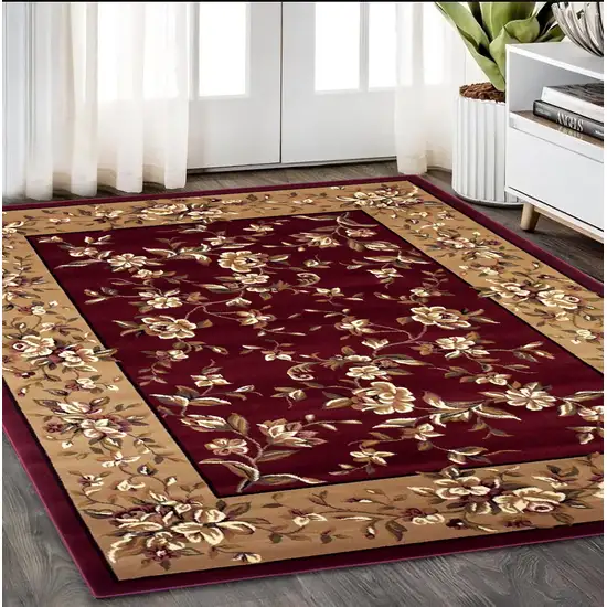 Red Or Beige Floral Bordered Area Rug Photo 1