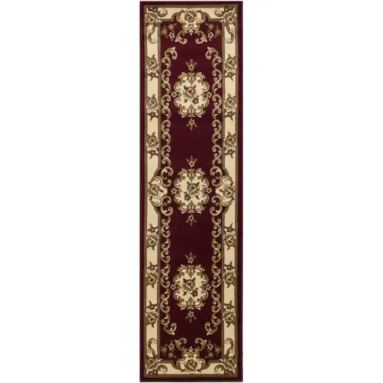 8' Red and Ivory Floral Border Runner Rug Photo 2