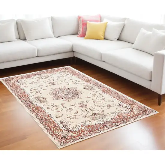 Orange and Ivory Oriental Power Loom Area Rug Photo 1