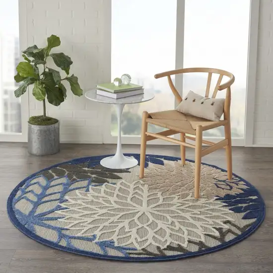 Round Blue Large Floral Indoor Outdoor Area Rug Photo 5