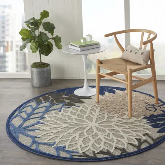 Round Blue Large Floral Indoor Outdoor Area Rug Photo 7