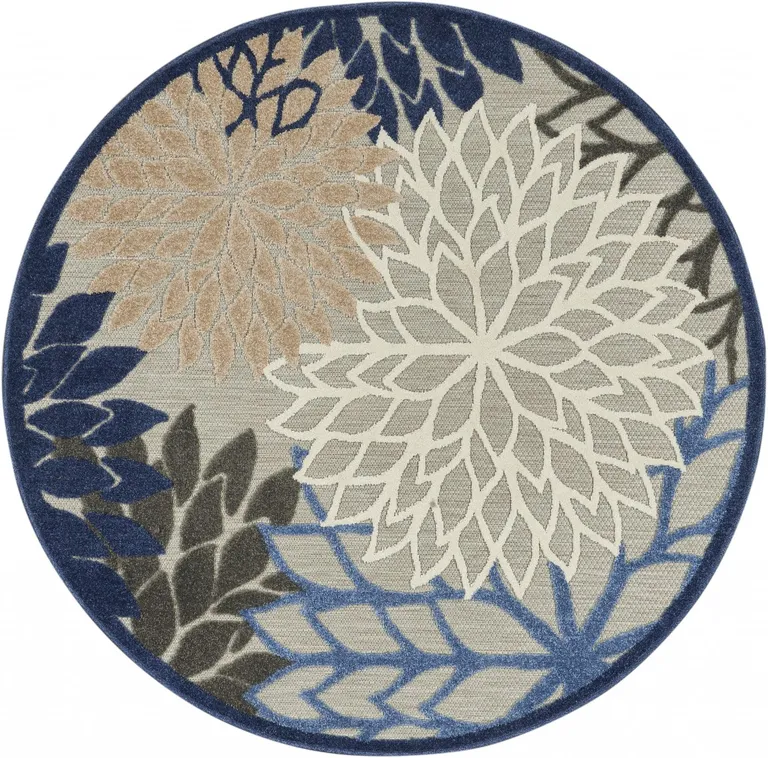 Round Blue Large Floral Indoor Outdoor Area Rug Photo 1