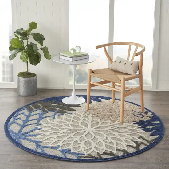 Blue And Gray Round Floral Indoor Outdoor Area Rug Photo 9