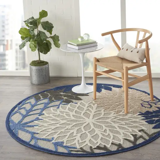 Blue And Gray Round Floral Indoor Outdoor Area Rug Photo 8