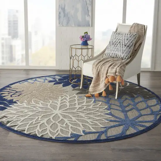 Round Blue Large Floral Indoor Outdoor Area Rug Photo 6