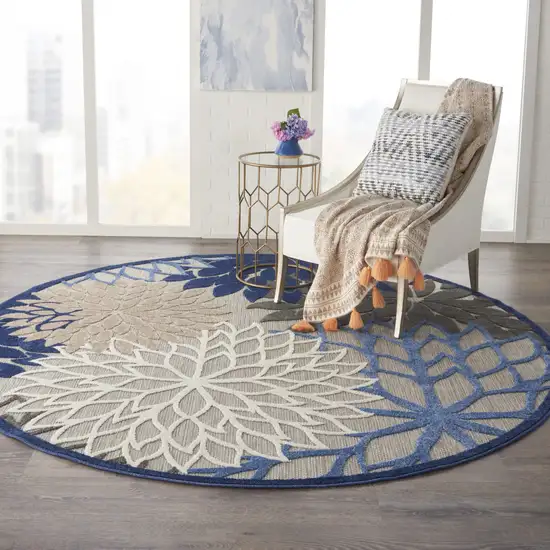 Blue And Gray Round Floral Indoor Outdoor Area Rug Photo 9