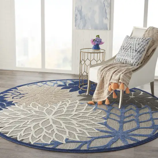 Blue And Gray Round Floral Indoor Outdoor Area Rug Photo 8