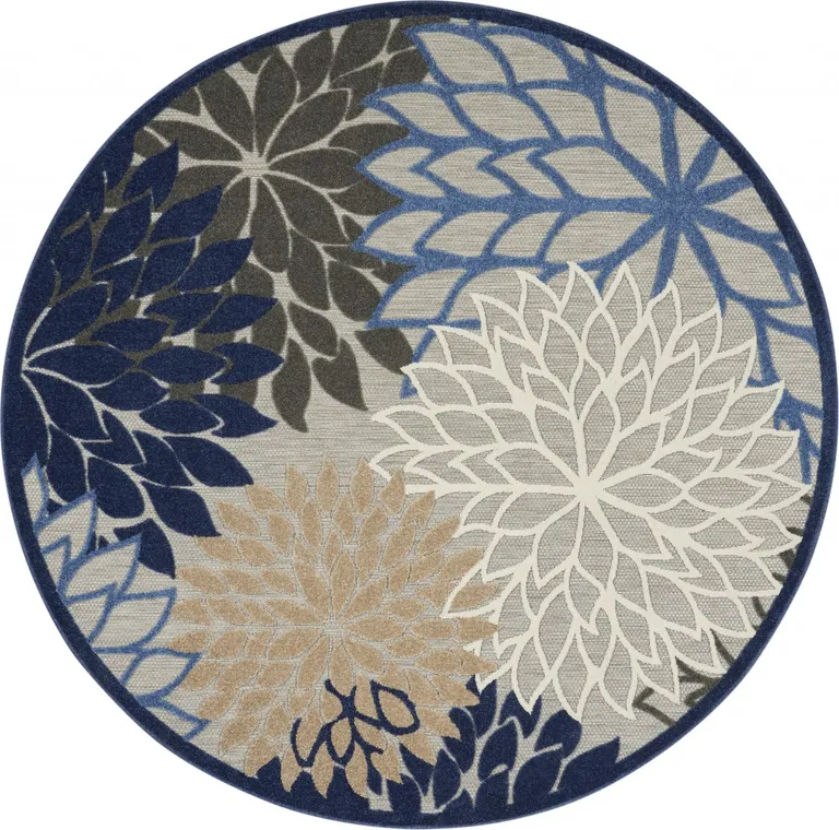 Round Blue Large Floral Indoor Outdoor Area Rug Photo 1