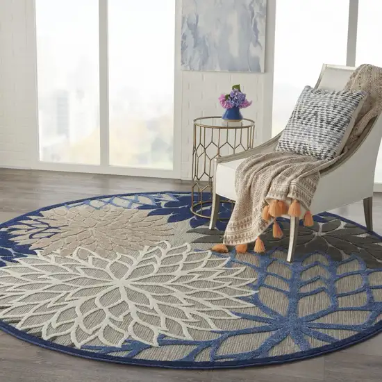 Round Blue Large Floral Indoor Outdoor Area Rug Photo 7