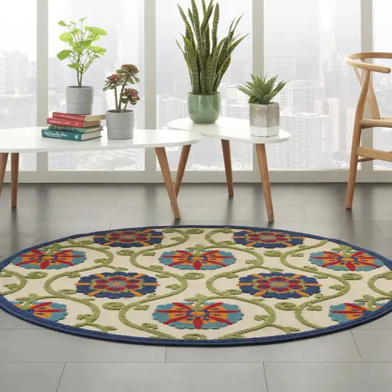 Ivory And Blue Round Floral Indoor Outdoor Area Rug Photo 6