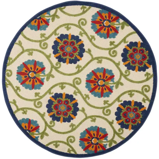 Ivory And Blue Round Floral Indoor Outdoor Area Rug Photo 6