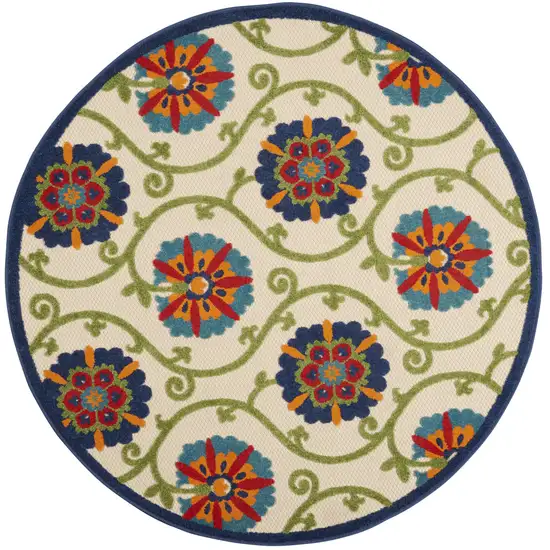 Ivory And Blue Round Floral Indoor Outdoor Area Rug Photo 1